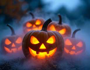 Glowing pumpkins, halloween. AI generated.