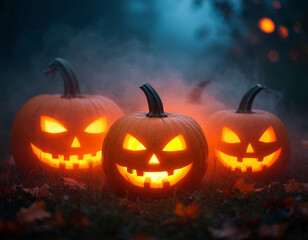 Glowing pumpkins, halloween. AI generated.