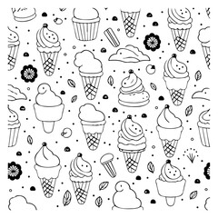 Sweet Delights: Playful Black and White Ice Cream Cones and Treats Pattern Design