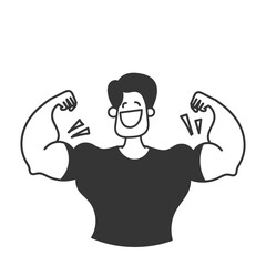 doodle cartoon smiling man with big bicep