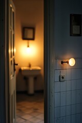 A bathroom with a light left on. A person switches off the light as they leave the room. The mood is simple and efficient 