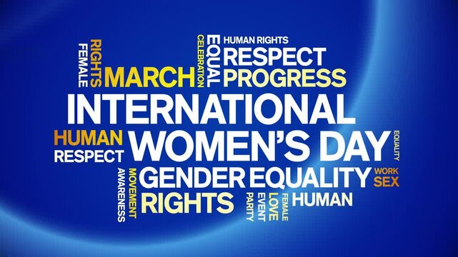 international Women's Day animated word cloud;text design animation tag kinetic typography seamless loop.