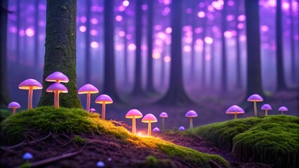 Enchanting Mushrooms Glow in Mystical Purple Forest with Soft, Ethereal Lighting