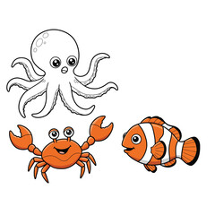 Cute funny octopus, crab and clownfish for coloring. Template for a coloring book with funny animals. Coloring page for kids.	