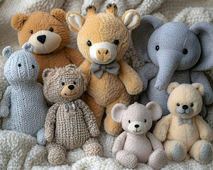 A collection of plush animals including bears a giraffe and an elephant sit on a soft fluffy blanket