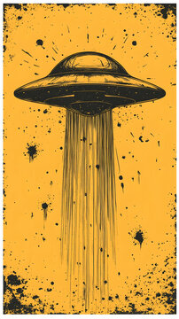 A retro illustration of a UFO emitting a light beam on an orange splattered background