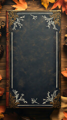 An ancient book with ornate corners lays on a wood table surrounded by fall foliage and warm light