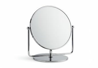 Fototapeta premium Chrome vanity mirror with round glass on a white background for beauty and grooming