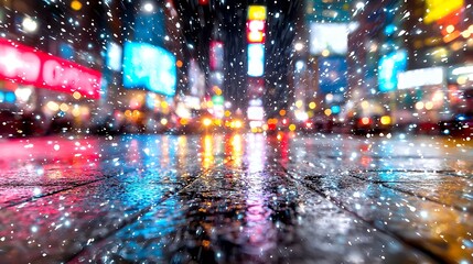 Snow Falling Over City Street with Bright Lights at Night