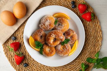 Spanish fried anise doughnuts. Top view table.