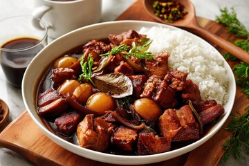 Delicious Slow-Cooked Pork with Rice and Aromatic Herbs on Table