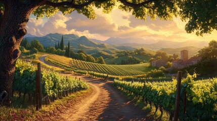 Naklejka premium Scenic vineyard landscape with a winding path and rolling hills at sunset. Ideal for travel, wine, or agricultural themed projects and backgrounds.