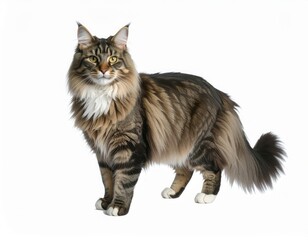 Obraz premium Fluffy Maine Coon cat with long fur and alert expression, standing on a white background.