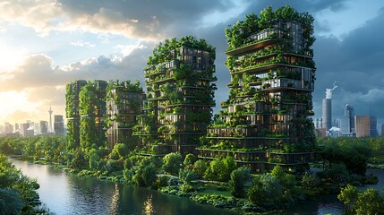 Naklejka premium Futuristic Eco-Friendly Urban Architecture with Vertical Gardens Along Waterway at Sunset