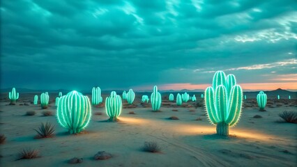 Luminous Cacti Illuminated Under a Twilight Sky in a Desert Landscape