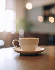 Fototapeta premium Matte ceramic coffee cup on a clean table surface with muted tones, large area of negative space