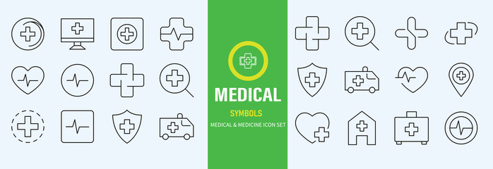 Medical line icons, such as vaccine, stethoscope, x-ray, oxygen mask and more. Editable stroke.