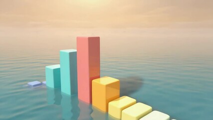 Colorful 3D bar chart columns partially submerged in calm water under a soft, warm sky. - Powered by Adobe