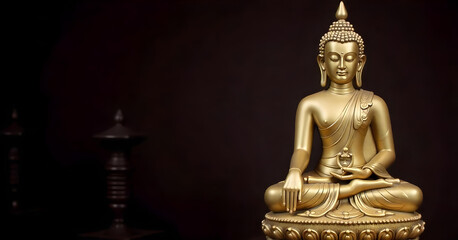Fototapeta premium Happy Vesak Day, Buddha Purni Golden Buddha statue, ornate details, meditation pose, serene expression, dark background, glowing aura, spiritual imagery, Eastern religious iconography, metallic