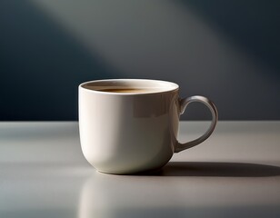 Matte ceramic coffee cup on a clean table surface with muted tones, large area of negative space