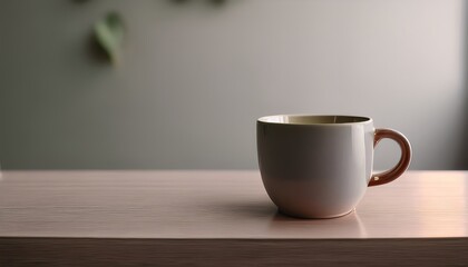 Matte ceramic coffee cup on a clean table surface with muted tones, large area of negative space