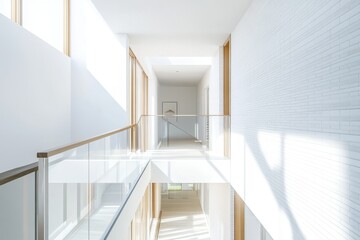 Obraz premium A white hallway with a glass railing and a white wall