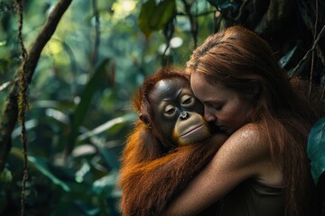 A heartwarming embrace between a woman and a young orangutan in a lush rainforest setting.
