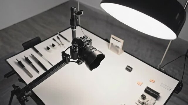 A professional camera captures a top-down shot of neatly arranged tools and equipment on a white tabletop under studio lighting.