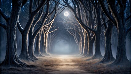 Mystical Night Forest Path Under Full Moon Light with Shadows and Fog