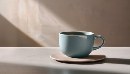 Obraz premium Matte ceramic coffee cup on a clean table surface with muted tones, large area of negative space