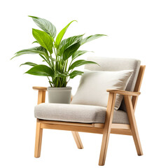 Beige wooden accent chair with potted plant