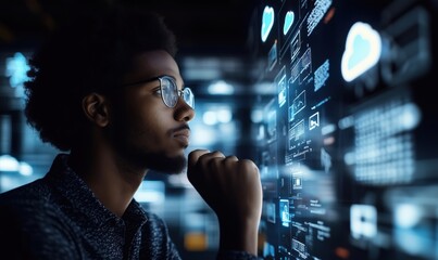 Young man analyzing digital data and cloud technology on futuristic interface