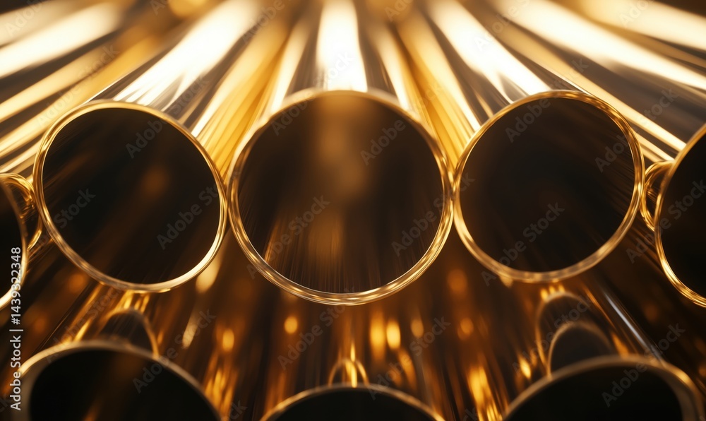 Poster close-up view of shiny golden tubes arranged in a circular pattern with soft focus