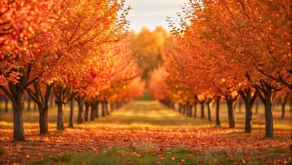 Lush Autumn Pathway Surrounded by Vibrant Orange and Red Leaves in an Orchard