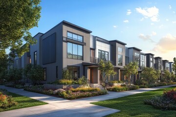 A row of tall buildings with a green lawn in front of them
