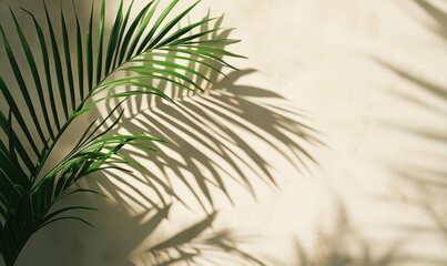 Green palm leaves casting shadows on textured wall in natural light