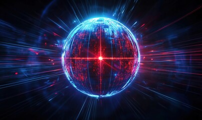 Obraz premium Futuristic glowing digital globe with vibrant light trails and data visualization effects