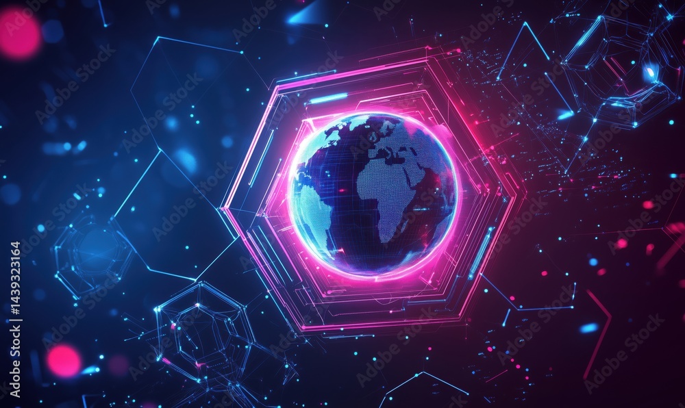 Poster futuristic digital globe with neon hexagonal patterns and glowing elements