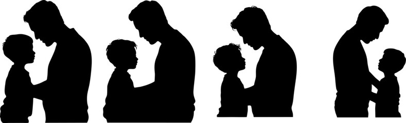 Silhouette of a father and son walking and talking together, expressing family love, guidance, and emotional connection on a white background.