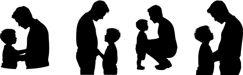 Silhouette of a father and son walking and talking together, expressing family love, guidance, and emotional connection on a white background.