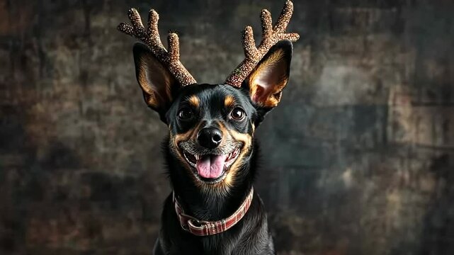 Playful dog with antlers wagging tail in rustic setting, joyful expression