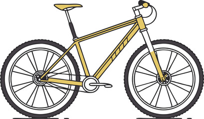 Fototapeta premium Stylized Mountain Bike Minimalist Design Yellow and Black Large Spoked Wheels Knobby Tires Suspension Frame Vector Art Sporty Side View Iconic Bicycle Illustration 