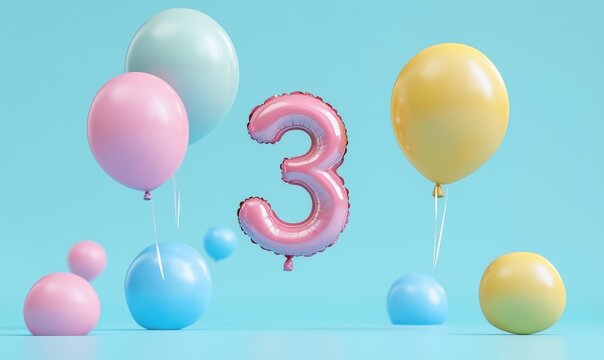 Colorful balloons and number three decoration for birthday celebration