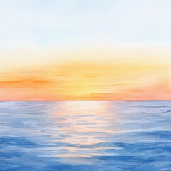 Fototapeta premium Serene watercolor painting depicting tranquil ocean sunset, with soft hues of orange and blue