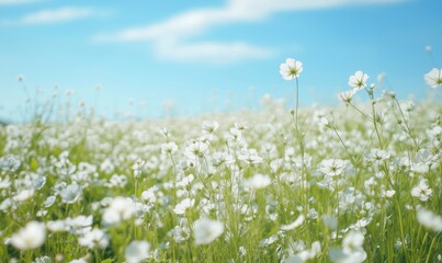 Fototapeta premium Vast field of delicate white flowers under a bright blue sky