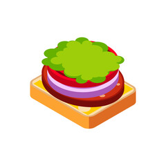 Sandwich with sausage isolated. Bread and onion and salad.