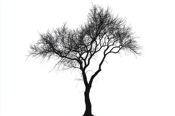 Silhouetted bare tree against a white background, symbolizing winter's stark beauty