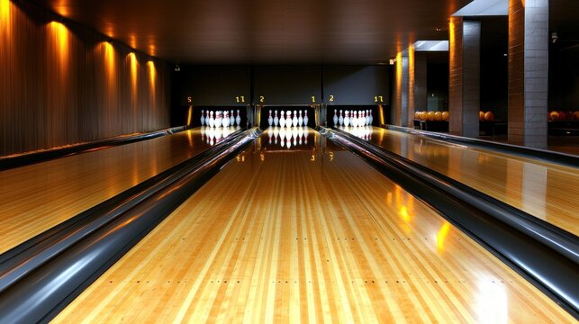Modern bowling alley interior, lanes, bowling pins, illuminated,  night scene