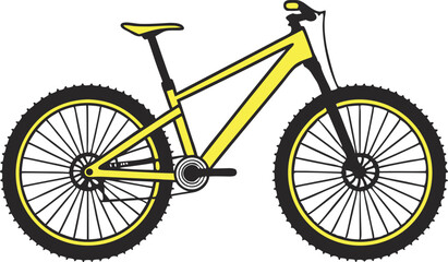 Fototapeta premium Stylized Mountain Bike Minimalist Design Yellow and Black Large Spoked Wheels Knobby Tires Suspension Frame Vector Art Sporty Side View Iconic Bicycle Illustration 