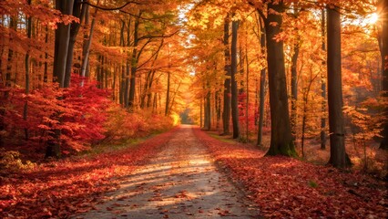 Autumn Forest Pathway with Vibrant Leaves and Soft Sunlight Illuminating the Scene